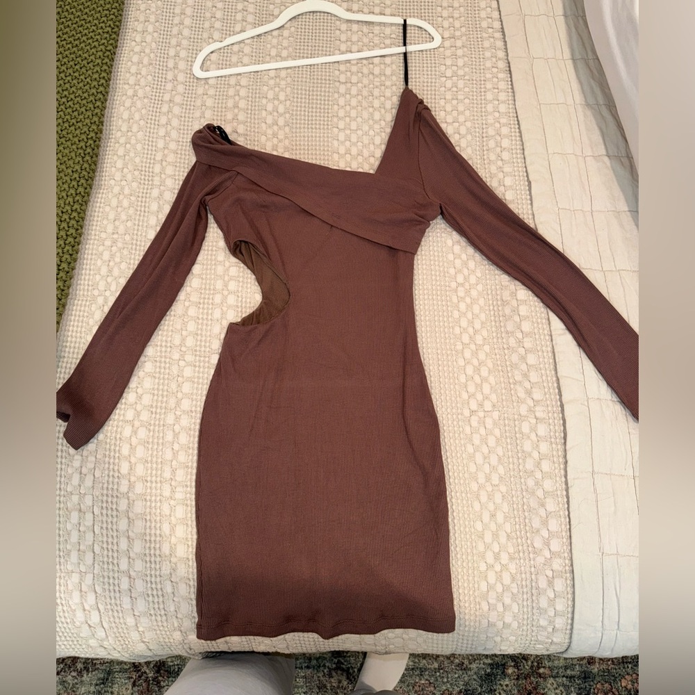 White Fox Brown Long Sleeve Cut Out Sweater Dress
